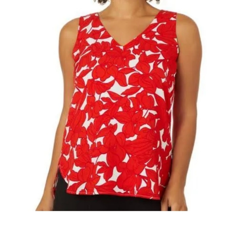 NWT T‎ Tahari Red And White V Neck floral top Sleeveless Women's Size Sma… - Picture 5 of 5